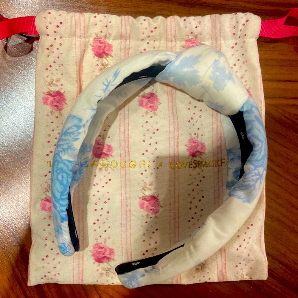 lele sadoughi x loveshackfancy knot headband blue & white floral